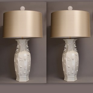 Pair, vintage Chinese Heptagon vases as lamps.